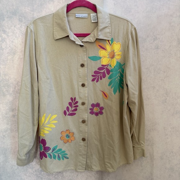 100% Pure Tops - Draper's & Damon's 100% Silk Size L Beige Floral Embellished Top Blouse Women